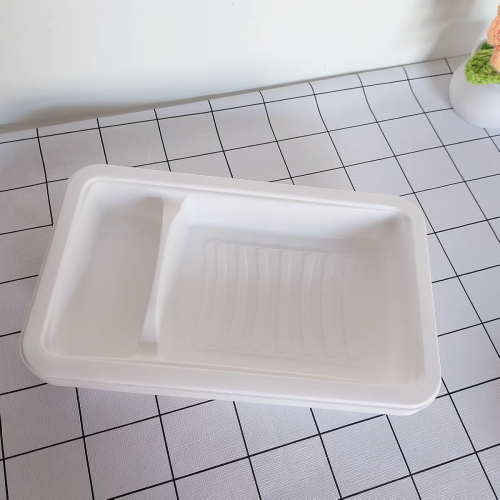 Customized disposable white PP thickened 2 cavity plastic salmon seafood fresh meat tray with sauce container