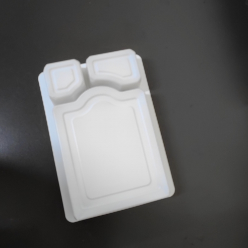 Customized 3 grid PP white plastic snack blister tray, disposable yam and potato chip container with heat sealing