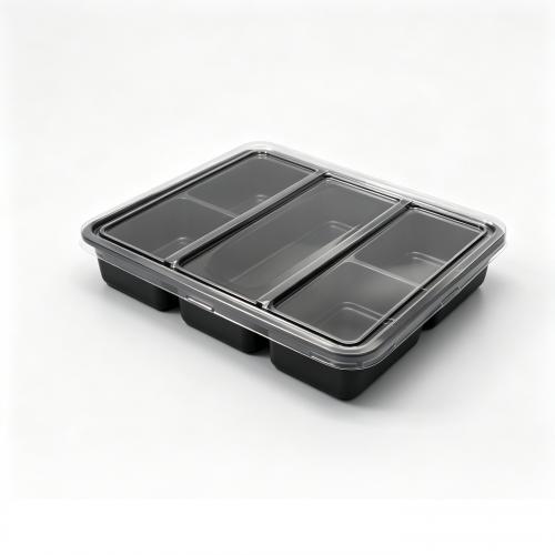 Rosinpack customized disposable 7 compartment black lunch box with OPS transparent cover