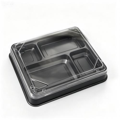 Customized disposable 4 chamber black PP meal box and OPS transparent lid takeaway packaging box