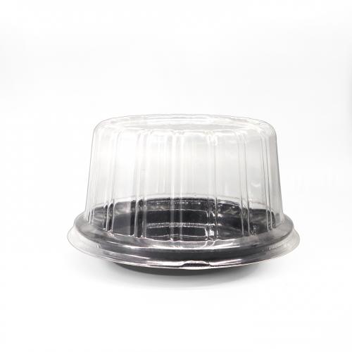 Customized disposable pastry circular PS pastry vacuum cake box with lace embedded black base and finger position transparent cover