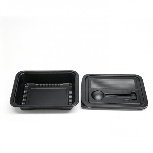 Rectangular Disposable PP Bento Box With Spoon Slot Black Large Capacity Single Compartment Takeout Food Container