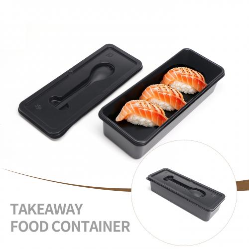 Rectangular disposable sushi black PP takeaway packing box  bento box with cutlery holder