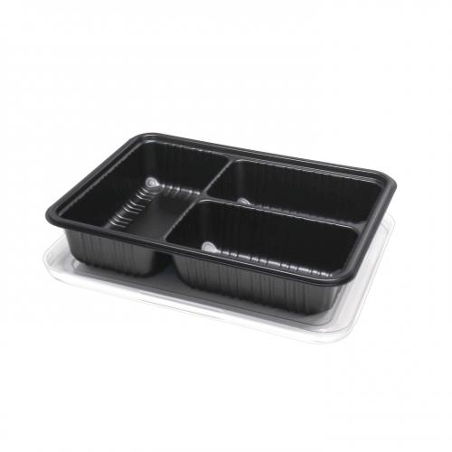 Custom Rectangular black PP 3 compartment noodle fast food container lunch box with lid