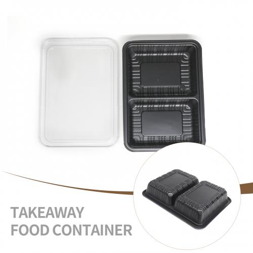 Custom 2 compartment Rectangular black PP Take out food container lunch box with lid