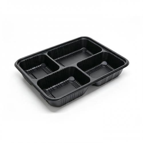 1200ml Black PP 4 Compartment Microwavable Meal Box Disposable Rectangle Takeout Bento Container for Restaurant with Clear Lid